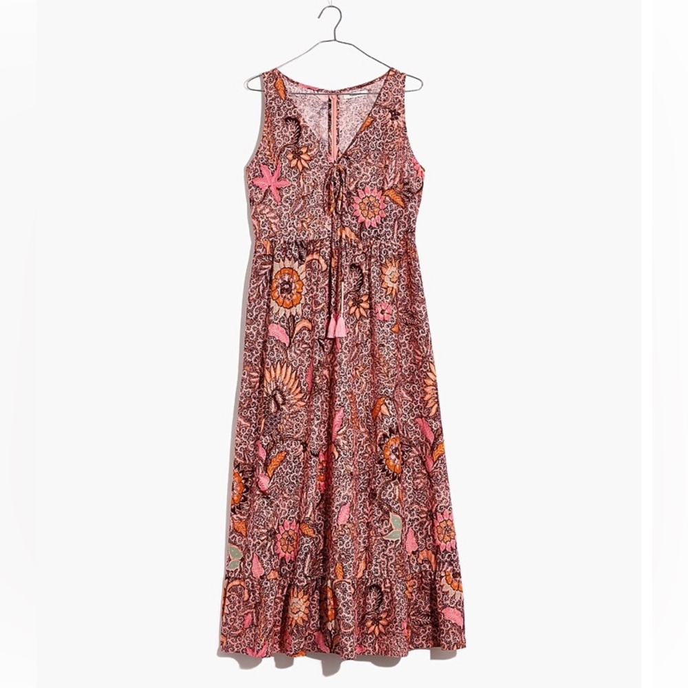 Madewell Lace-Up Ruffle-Hem Midi Dress in Bali Blooms Size 0